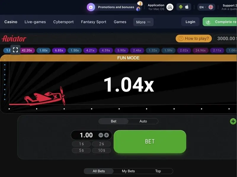 Abrir Aviator Argentina en el navegador del casino Aviator Argentina en casino por navegador en modo FUN con multiplicador 1.04x