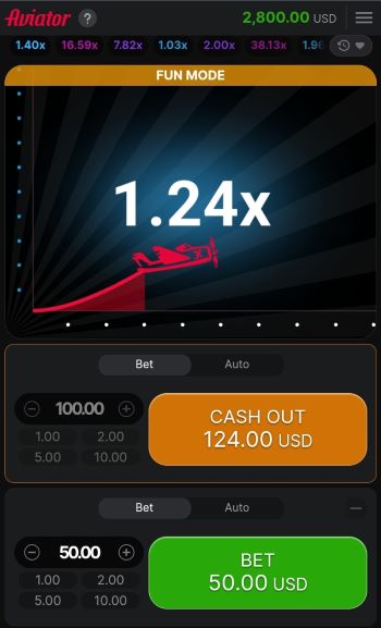 Aviator en celular en FUN MODE: vuelo a 1.24x y botón CASH OUT en el panel superior