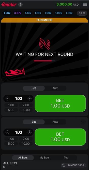 Aviator en celular en FUN MODE: espera de la próxima ronda y dos paneles BET